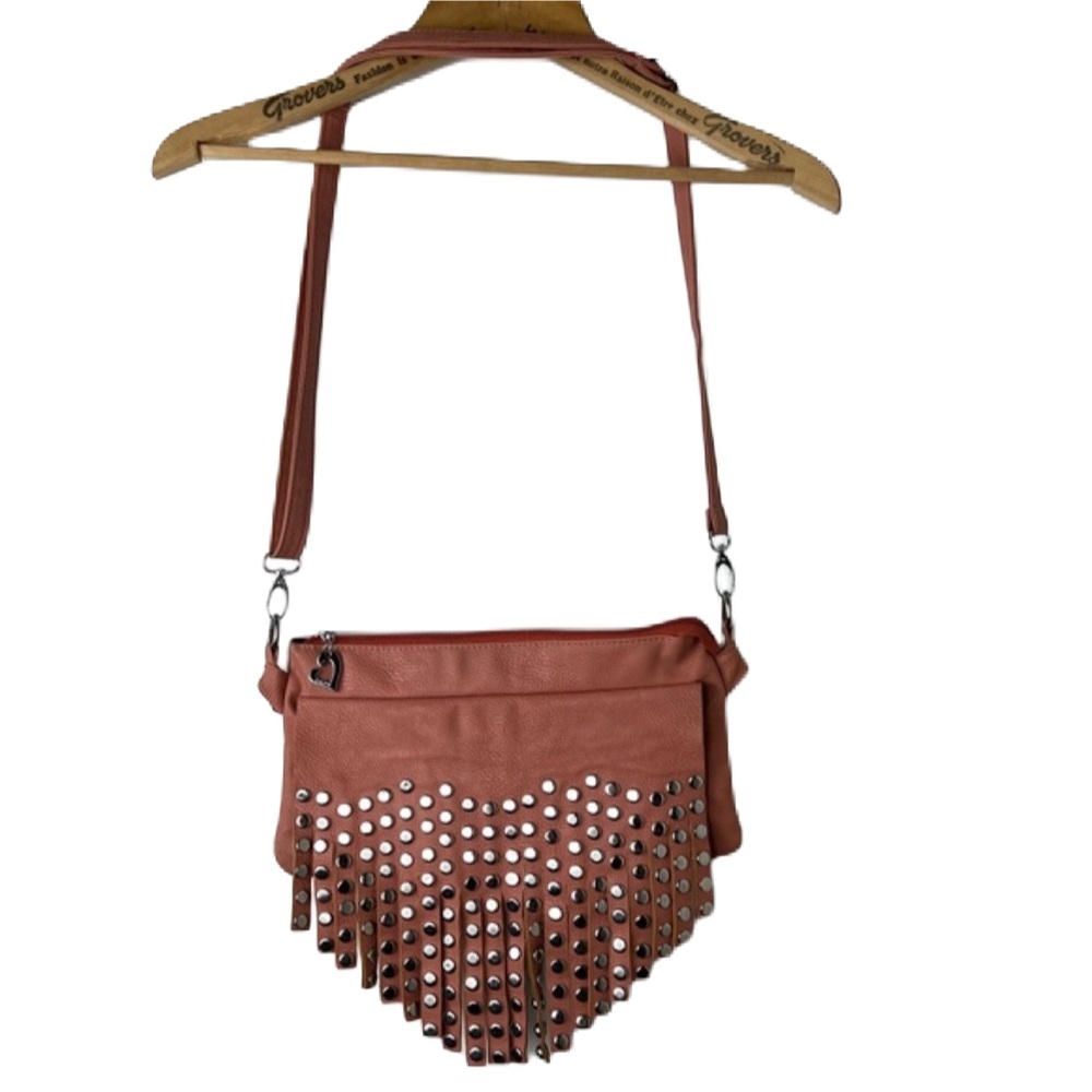 Fringed Fine Carry boho leather studded crossbody bag size Medium Rose Pink